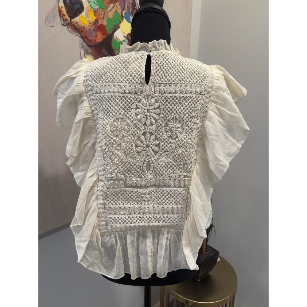 Joie Anitra Embroidered Crochet Ruffle Sleeve Top Porcelain White Small NWT - Picture 4 of 7